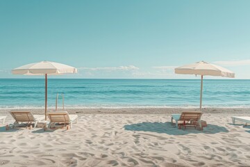 Fototapeta premium Two beach umbrellas are set up on the beach