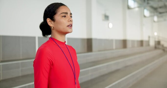 Woman, swimming coach and blowing whistle in indoor aquatic center with communication for lesson. Female person, trainer and instructor as teacher with smile, gesture and done with session by pool