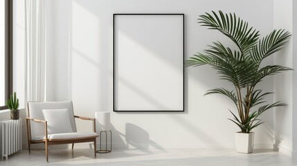 Blank picture frame mockup in minimalistic modern interior. Vertical template mock up for artwork, painting, photo or poster in interior design