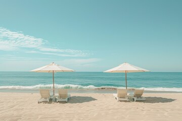 Two beach umbrellas are set up on a sandy beach