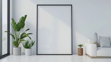 Blank picture frame mockup in minimalistic modern interior. Vertical template mock up for artwork, painting, photo or poster in interior design