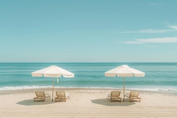 Two beach umbrellas are set up on a sandy beach