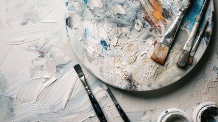 Fototapeta premium Close up of palette knife paintbrush and plate on white background