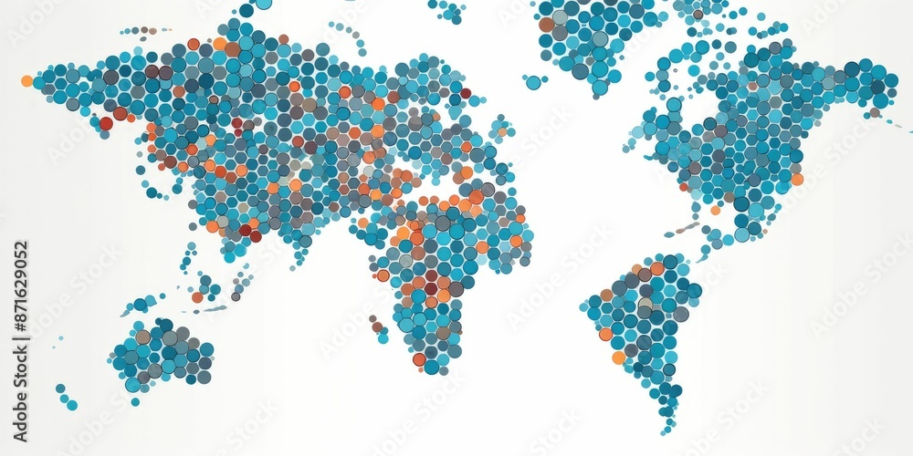 Poster abstract vibrant world map composed of multicolored circles on a light background. global diversity 