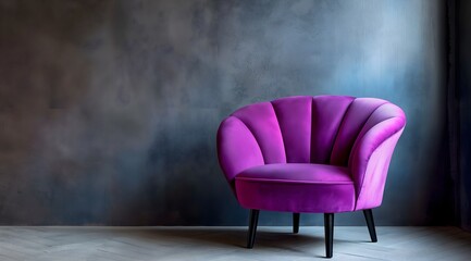 Photographic backdrop of a purple velvet chair against a dark moody wall in an empty room. 