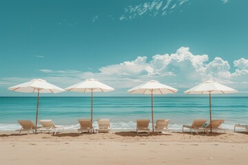 Fototapeta premium A beach scene with four white umbrellas and several lounge chairs
