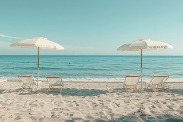Two beach umbrellas and four beach chairs are set up on a sandy beach