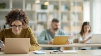 A woman is sitting at a desk with a laptop and a notebook