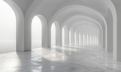 A long, white corridor with arched openings on one side and a reflective floor.