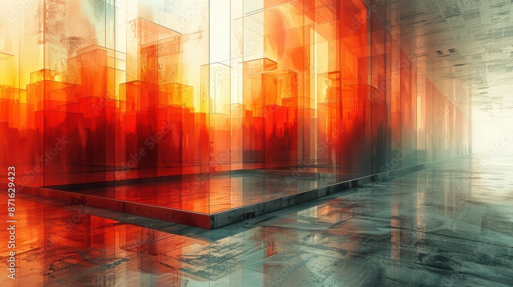 Wall mural a 3d rendering of a city made of red glass. the city is lit by a bright light, which gives it a warm