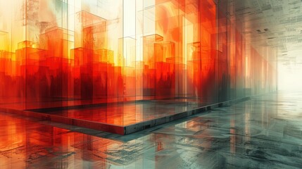 Fototapeta premium A 3D rendering of a city made of red glass. The city is lit by a bright light, which gives it a warm and inviting glow. 