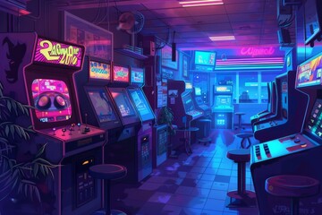 a retro arcade courtyard with arcade games and lofi background music for a chill hangout vibe. Cozy vibe, Generative AI