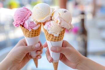 Close-up Of Hands Holding Ice Cream Cones Outdoors