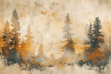 A painting of a forest with trees in the foreground and background