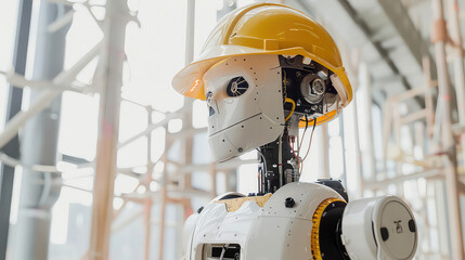 Industrial robot wearing a yellow safety helmet at work generated with AI