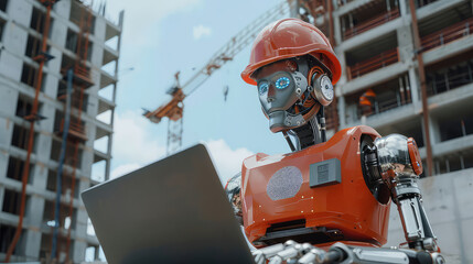 Robot Engineer Inspecting Construction Site with Laptop generated with AI