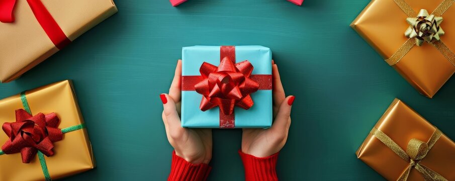 Hands holding a gift box with a red bow, surrounded by other wrapped gifts.