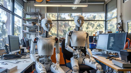 Humanoid robots in modern office with computers and equipment generated with AI