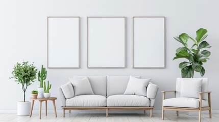 Minimalist white living room with soft blue accents, featuring a comfortable sofa, a glowing table lamp, and modern decor, creating a serene atmosphere.