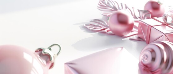 Pink and white ornaments and gift boxes on a white background.