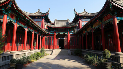 The courtyard is surrounded by red walls and has a tiled roof. There are doors and windows on all sides of the courtyard, and the ground is covered in square tiles.