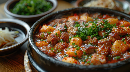 A delicious and hearty Korean pork stew, made with pork, potatoes, and vegetables, and served in a hot stone bowl.