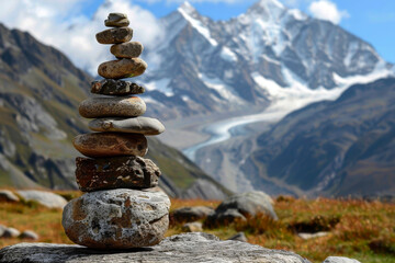 Stone Cairn Against a Snowy Mountain Range