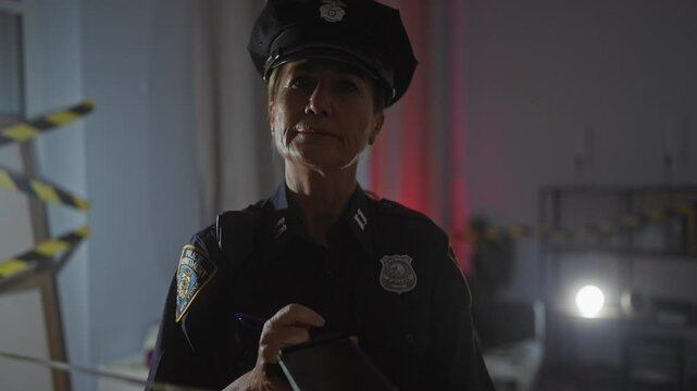 Mature policewoman investigates a dimly lit apartment with caution tape suggesting a crime scene.