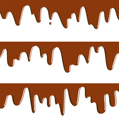 Set of melted brown chocolate dripping on white background