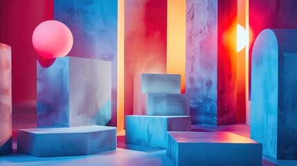 Vibrant geometric shapes with dynamic lighting, ample copy space