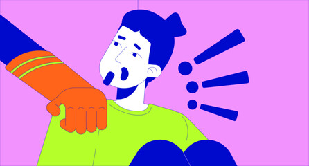 Caucasian man surprised by unexpected shoulder touching 2D linear illustration concept. European male irritated by interruption cartoon scene background. Emotions metaphor abstract flat vector graphic