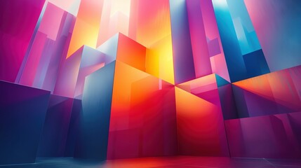 Vibrant geometric shapes with dynamic lighting, ample copy space