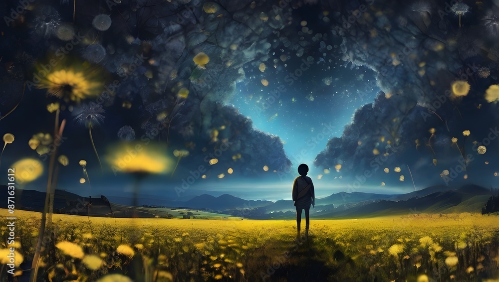 Poster it is a mystical landscape with a man in a field of dandelions generated by ai
