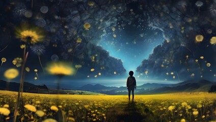 It is a mystical landscape with a man in a field of dandelions Generated by AI