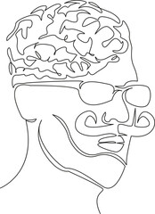 male head with brain in glasses with mustache