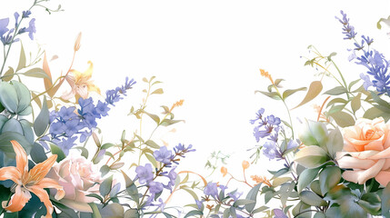 delicate pastel floral border painting with on a white background with empty space for text