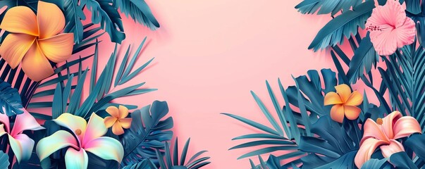Tropical flowers and leaves on pink background.