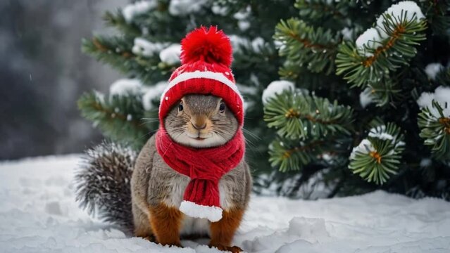 Cute squirrel in Santa Claus hat in snowy forest