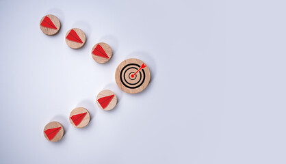 Red airplane flying towards target, The concept of leadership, Achieving the goal, Success, Risk management, Concept of volatility in business and investment.