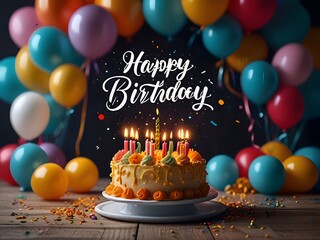 abstract happy birthday Background With Balloons, cake with candle background Generative Ai