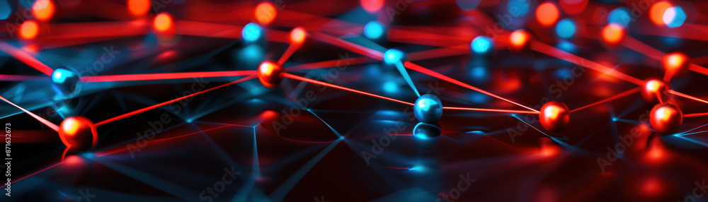 Poster a close up of a bunch of red and blue spheres connected by strings