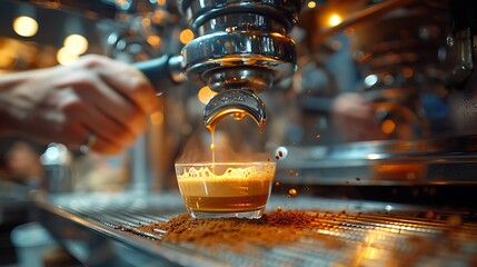 Detailed shot of a barista polishing a portafilter, focusing on the hand movement and the shiny metal. Warm tones and soft shadows accentuate the cleaning process.