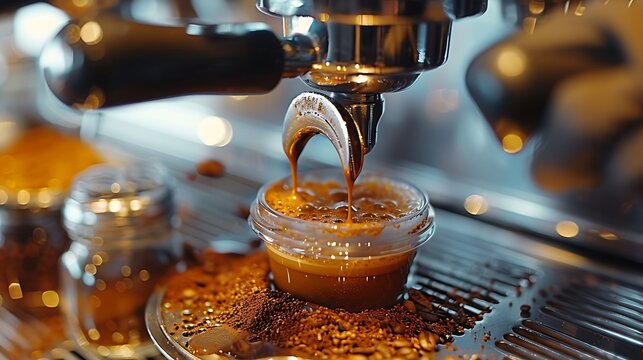 Detailed shot of a barista polishing a portafilter, focusing on the hand movement and the shiny metal. Warm tones and soft shadows accentuate the cleaning process.