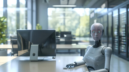 AI robot in modern office workspace with computer generated with AI