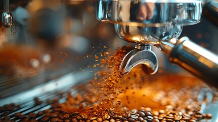 Detailed shot of a barista's hand holding a portafilter under the grinder, focusing on the coffee grounds filling the portafilter. Warm tones and soft shadows accentuate the process.