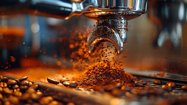 Detailed shot of a barista's hand holding a portafilter under the grinder, focusing on the coffee grounds filling the portafilter. Warm tones and soft shadows accentuate the process.