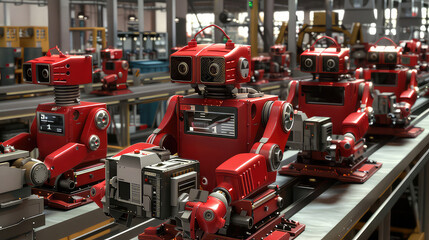 Red Robots Working on Assembly Line in Factory generated with AI