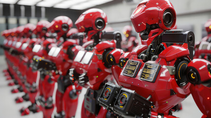 Red Robots Assembled in Factory Production Line generated with AI