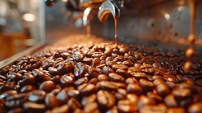 Detailed shot of espresso beans in a grinder hopper, focusing on the texture and shine of the beans. Warm tones and soft shadows accentuate the scene.