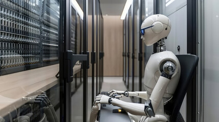 Robot working in a data center server room. generated with AI